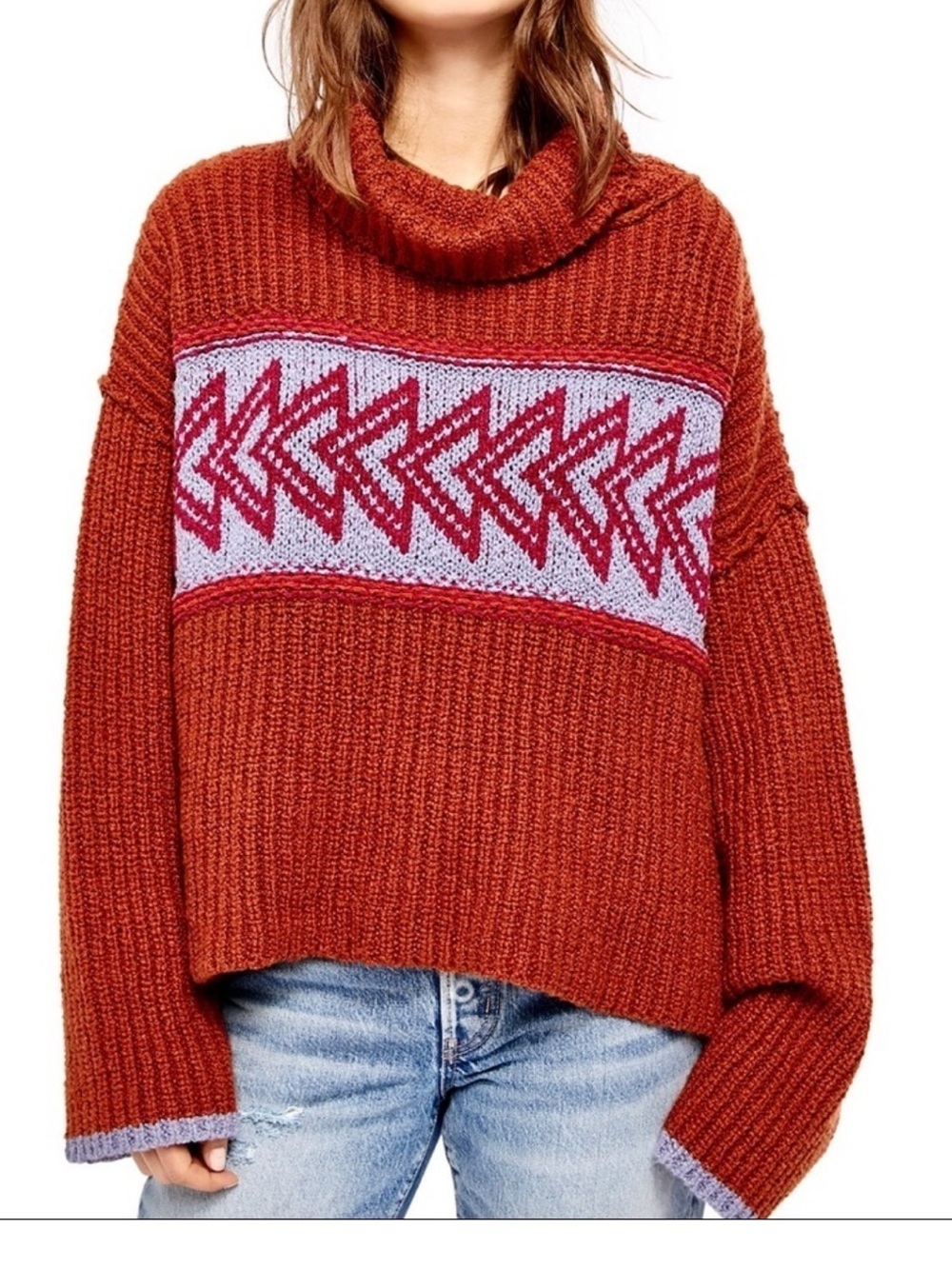 Free People Rust Red Patterned Turtleneck Sweater